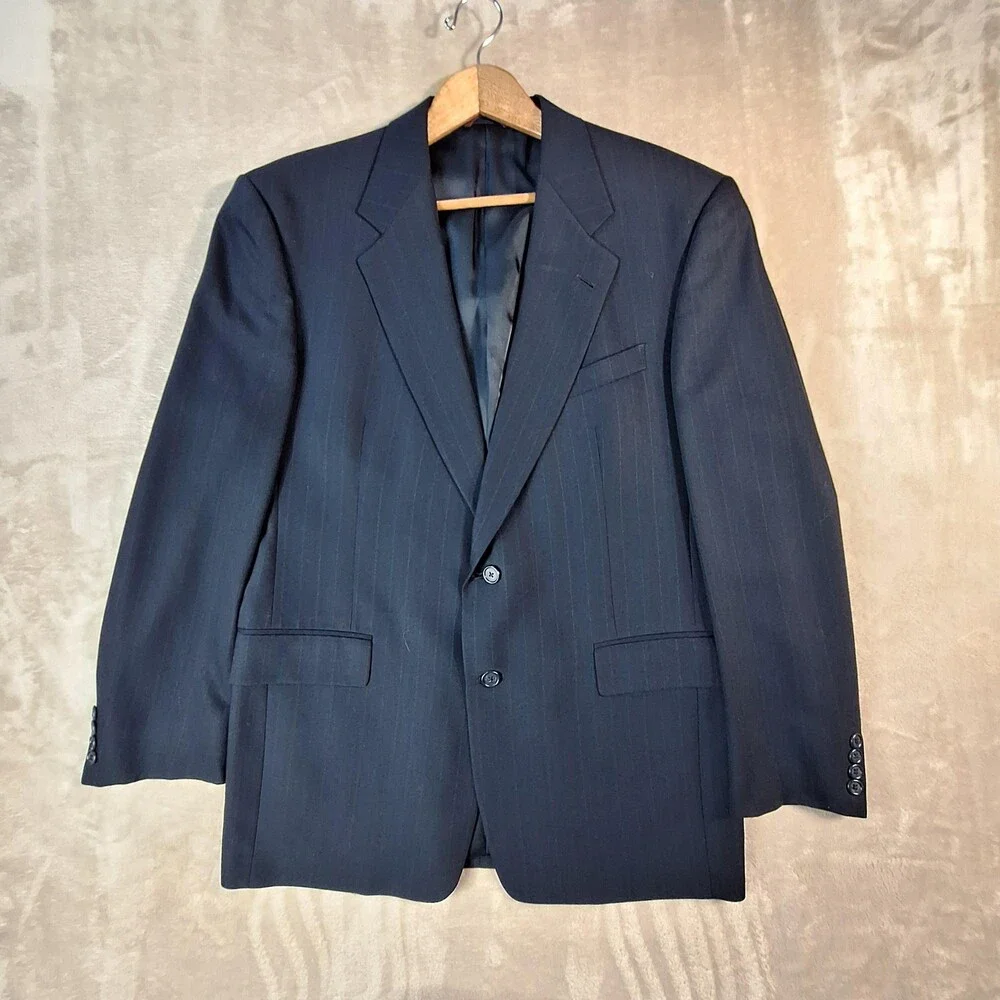 Hart Schaffner Marx Suit Mens 42 34x29 Blue Wool Stripe Ventless 2 Button USA